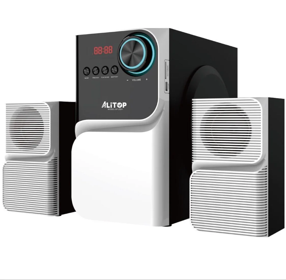 système audio Alitop Woofer SP-2501 est un ensemble Hi-Fi / Home-Cinéma compact de couleur noir et blanc, d'une puissance de 40 W RMS