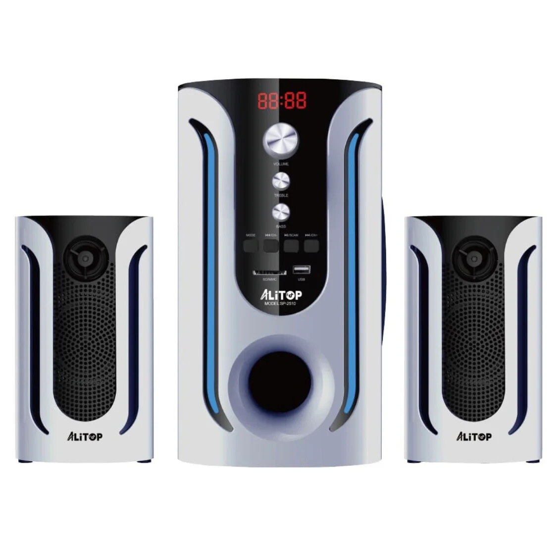 système audio Alitop Woofer SP-2501 est un ensemble Hi-Fi / Home-Cinéma compact de couleur noir et blanc, d'une puissance de 40 W RMS