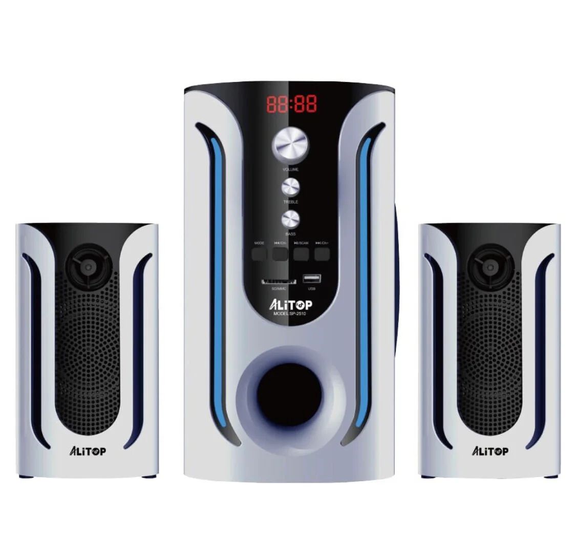 système audio Alitop Woofer SP-2501 est un ensemble Hi-Fi / Home-Cinéma compact de couleur noir et blanc, d'une puissance de 40 W RMS
